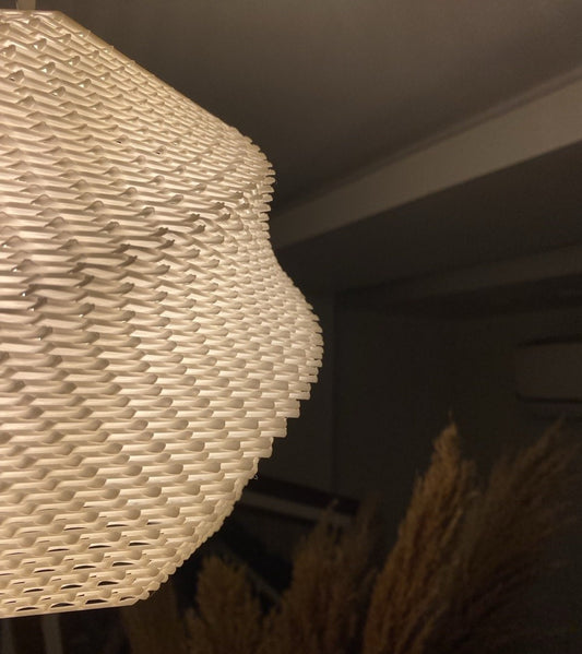 Close-up of a textured white lampshade against a dark background