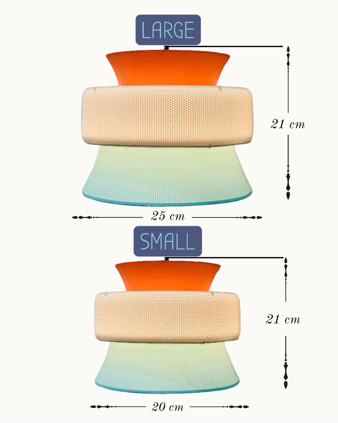 A dimension diagram showing two versions of a tiered pendant light, labeled LARGE and SMALL, with measurements in centimeters on a plain light background.