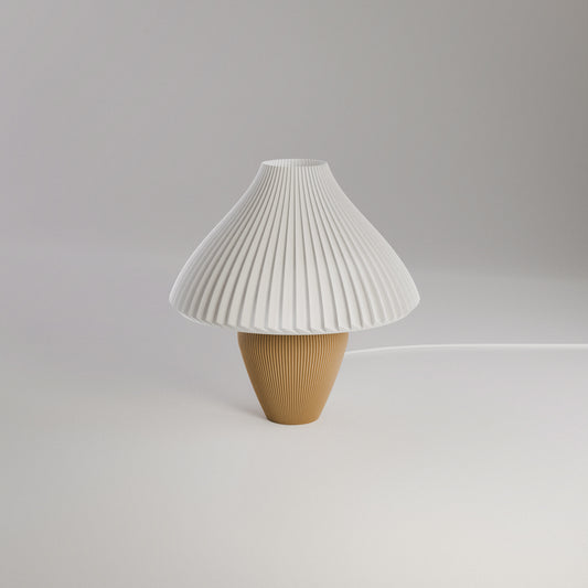 Small table lamp with pleated shade on a  stand against a beige background, featuring the brand 'Vertex'.