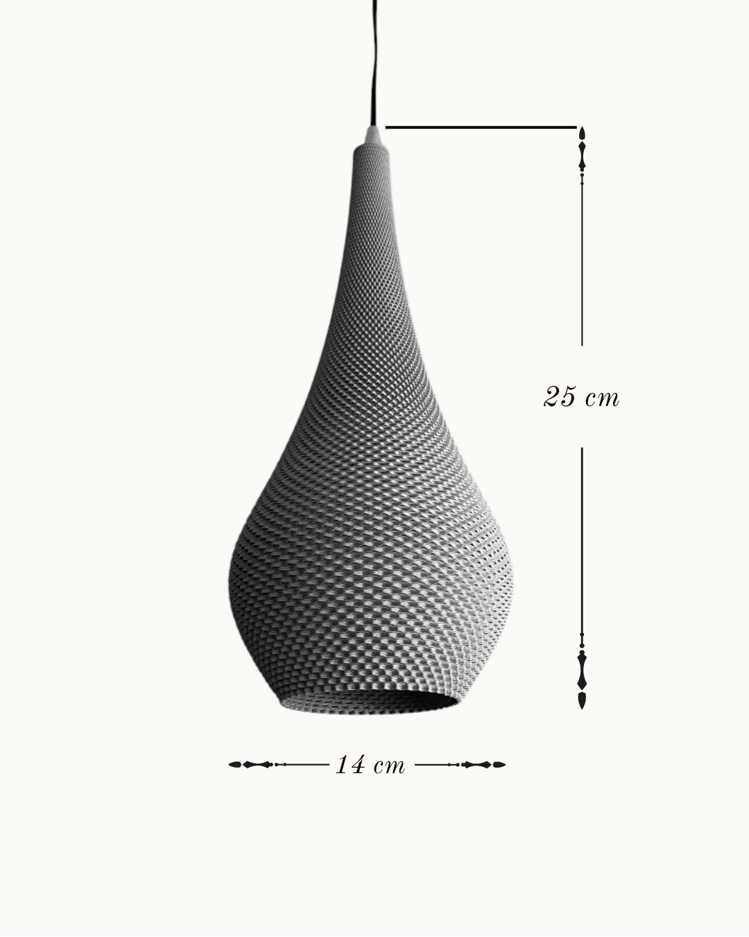 A teardrop-shaped pendant light with a textured, woven mesh pattern in gray, shown with dimension lines indicating a height of 25 cm and a width of 14 cm on a light off-white background.