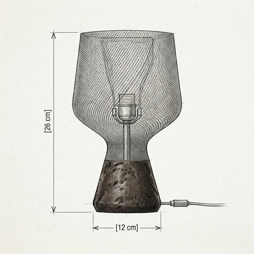 Technical dimension drawing of a table lamp with a wide mesh shade, narrow neck, and textured base on a light background, showing height [26 cm], width [12 cm], and base-to-socket distance.