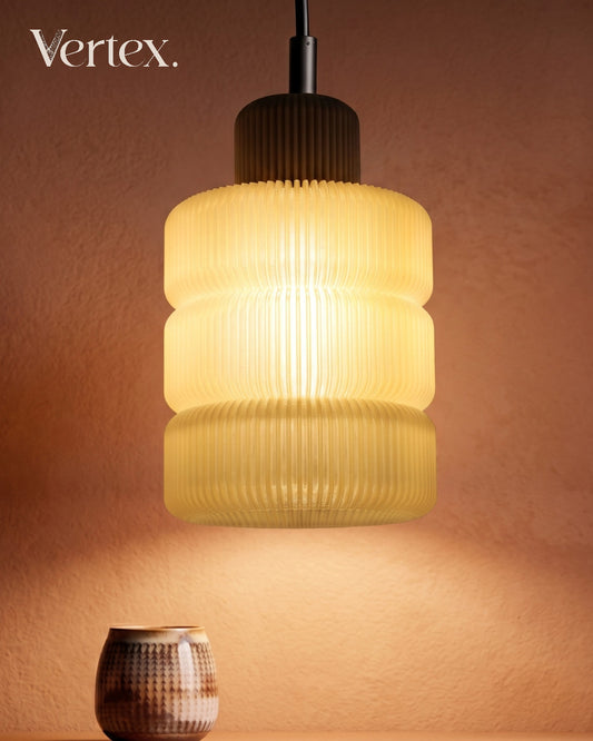 Pendant light with ribbed design on a warm brown background, featuring the brand 'Vertex'.