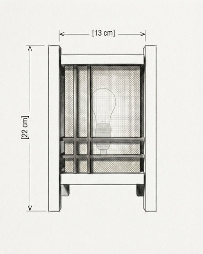 A black and white line drawing of a rectangular mesh cabinet or organizer with dimension labels showing 22 cm height, 13 cm top width, and a central depth measurement, on a plain light background.