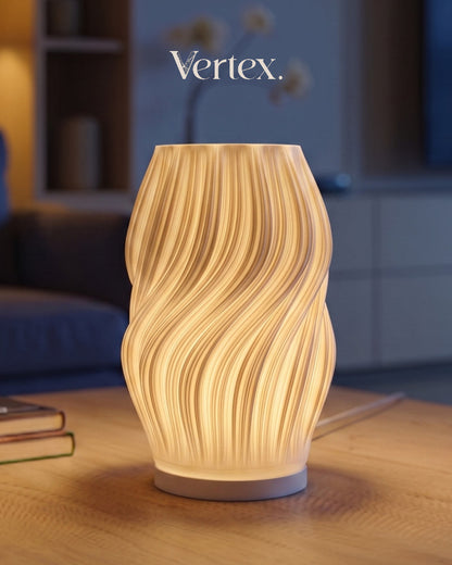lamp on a table with 'Vertex' branding in the background