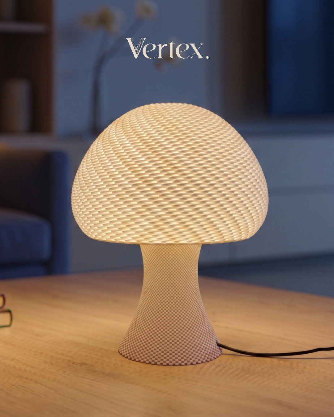 Mushroom-shaped table lamp on a wooden surface with 'Vertex' branding.