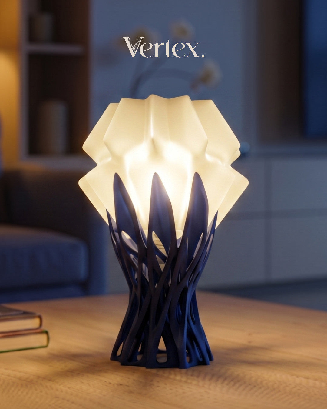 Decorative table lamp with a unique design on a wooden surface, featuring the brand 'Vertex'.