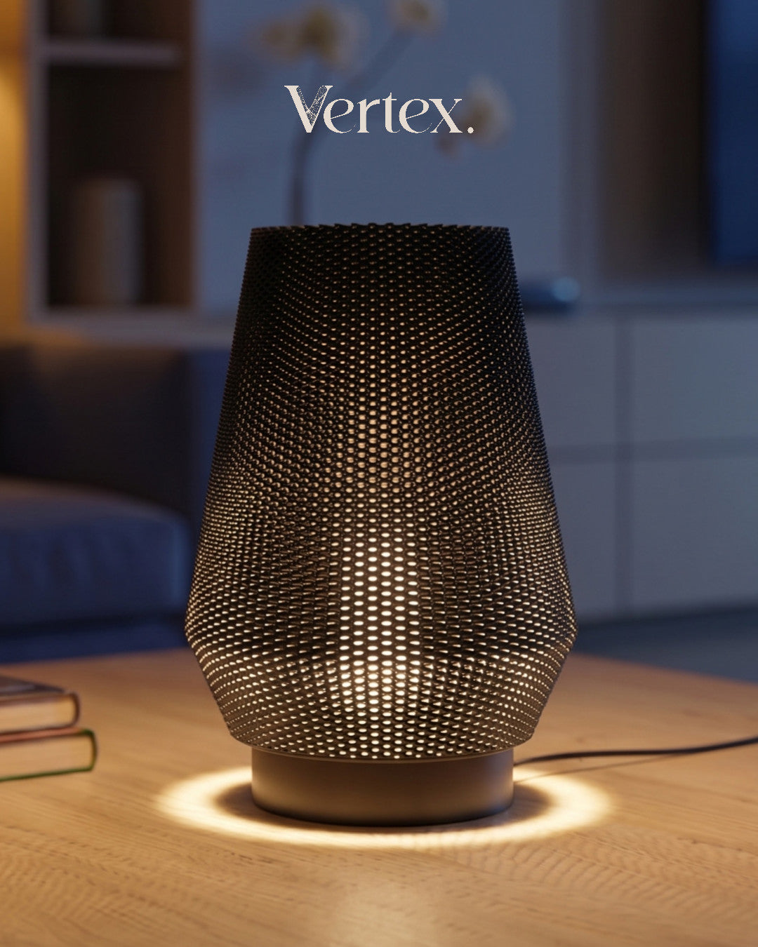 Decorative lamp with textured design on a wooden surface, blurred background