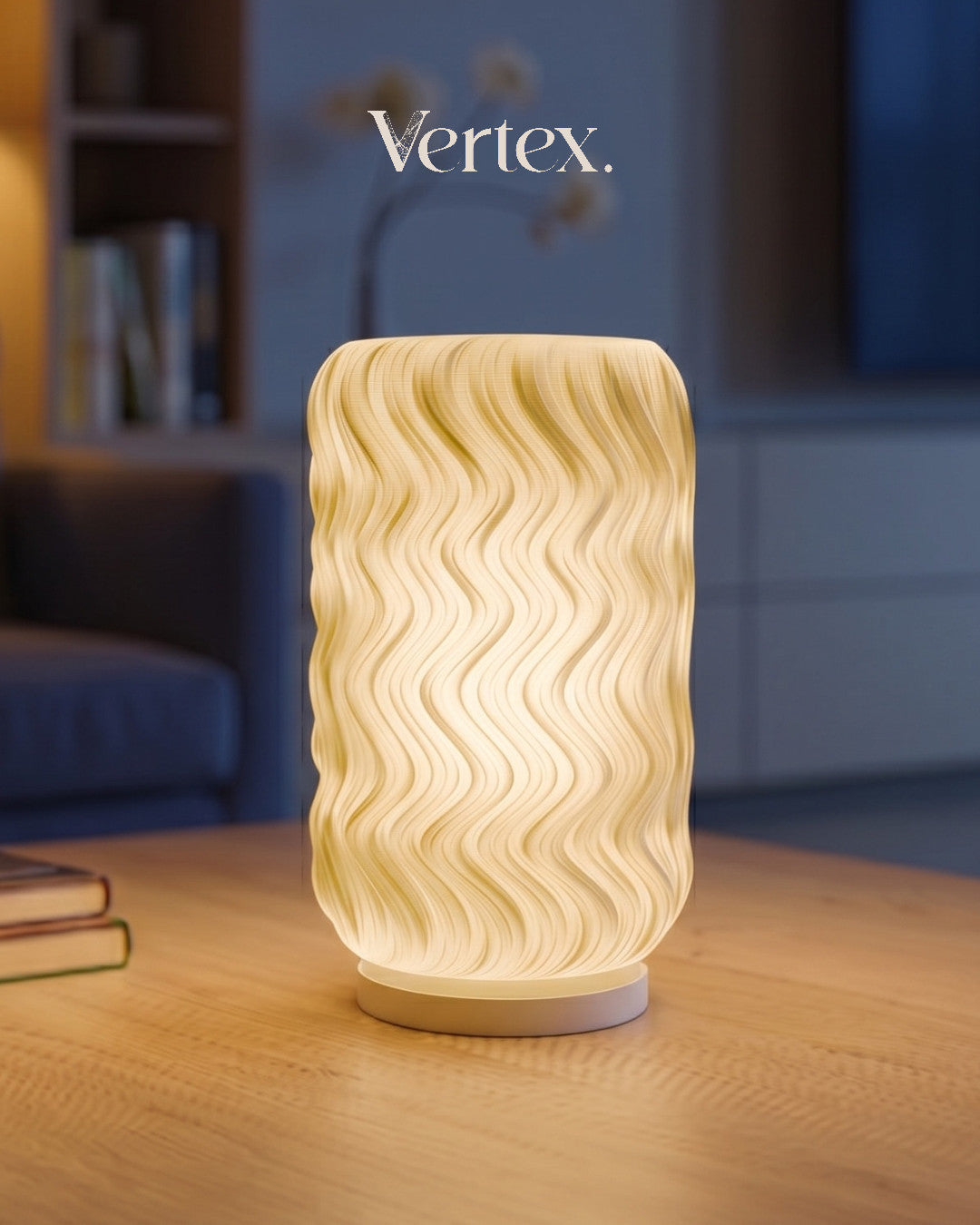 Wave-patterned lamp on a wooden table with 'Vertex' branding in a blurred room setting