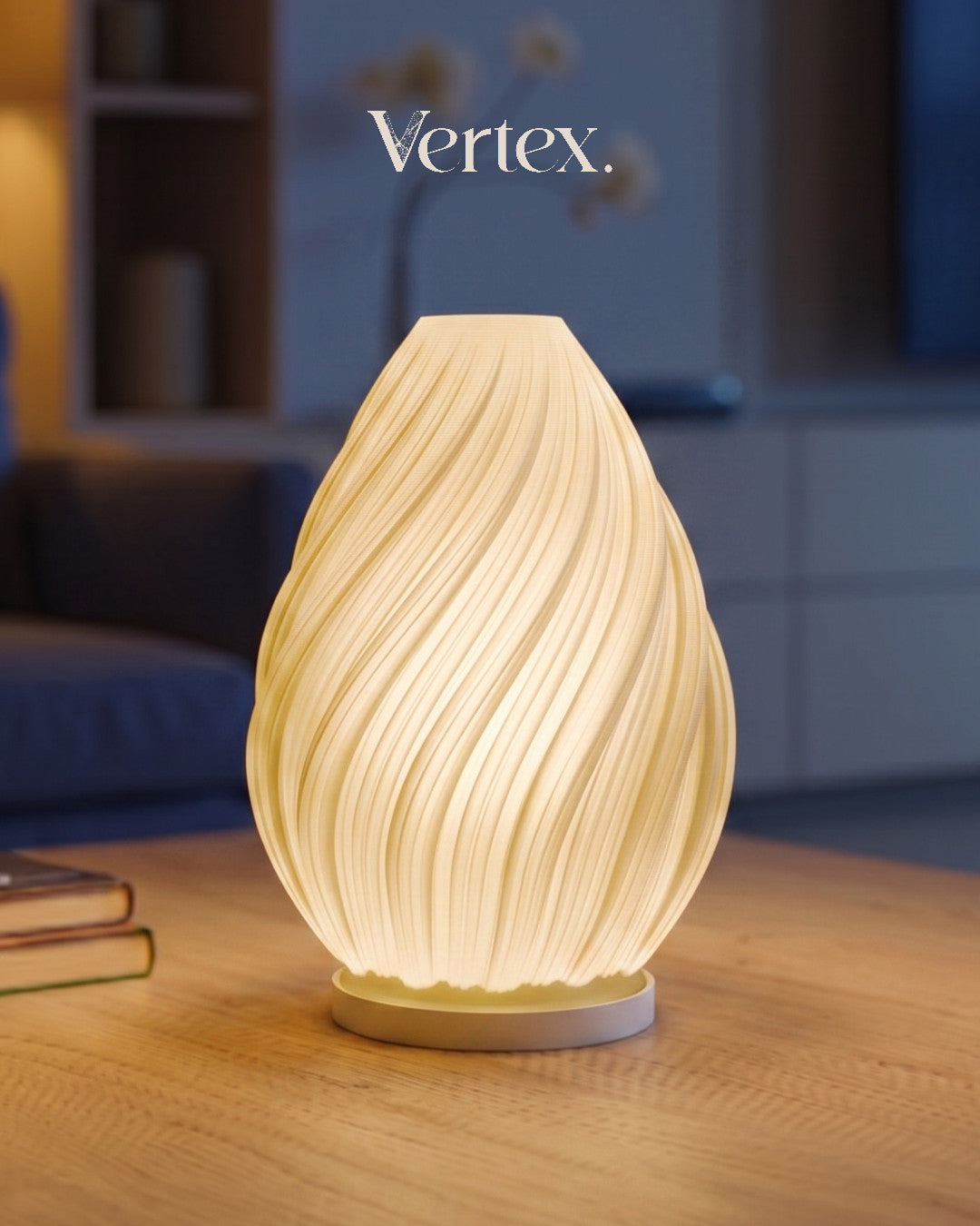 Decorative lamp on a wooden table with 'Vertex' branding in the background