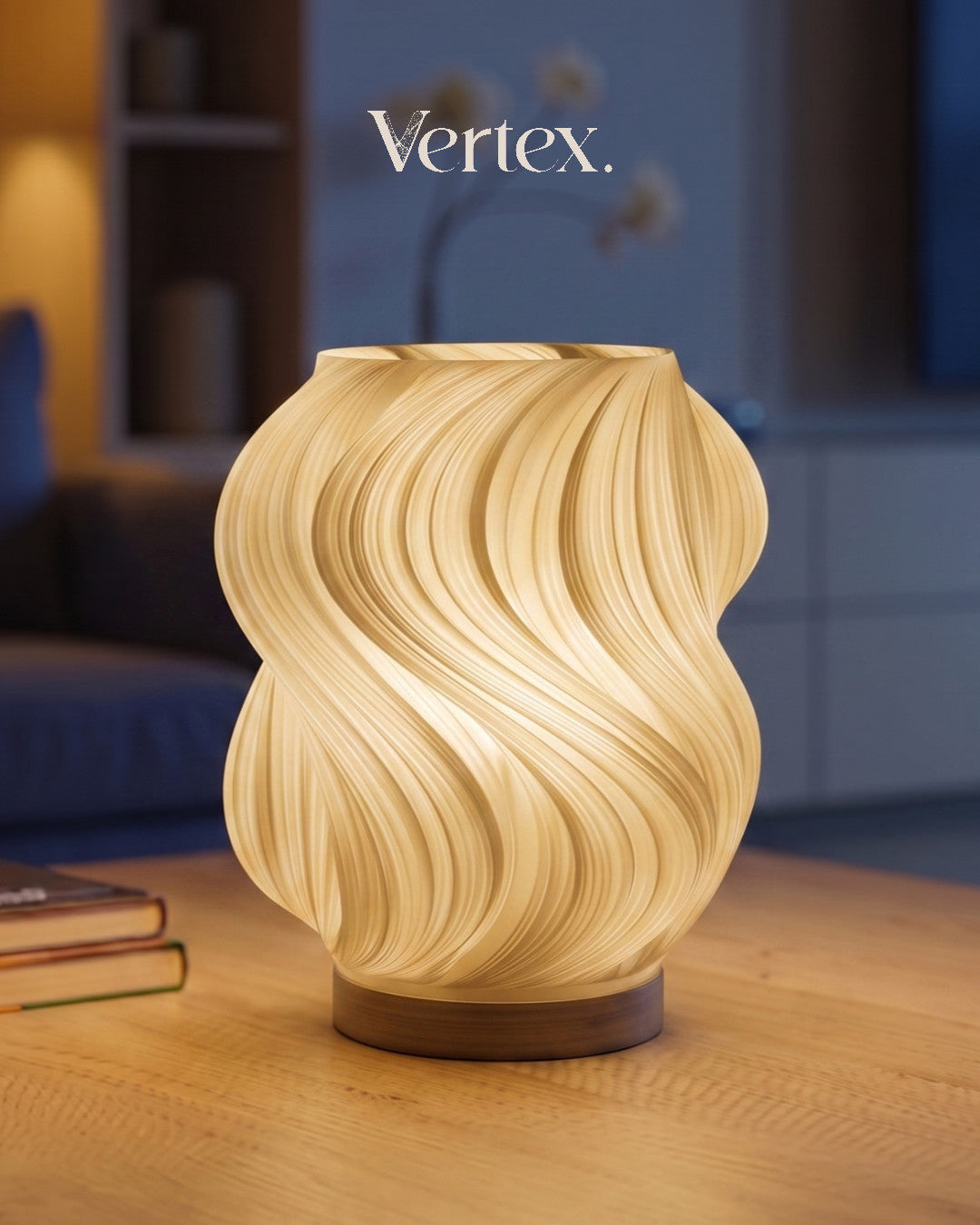 Decorative table lamp with wavy design on a wooden surface, brand 'Vertex' visible.