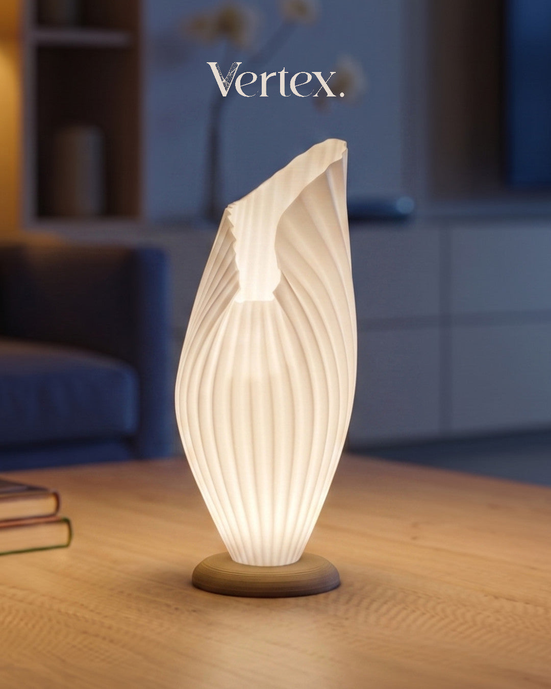 Decorative table lamp with ribbed design on a wooden surface, blurred background with 'Vertex' branding.